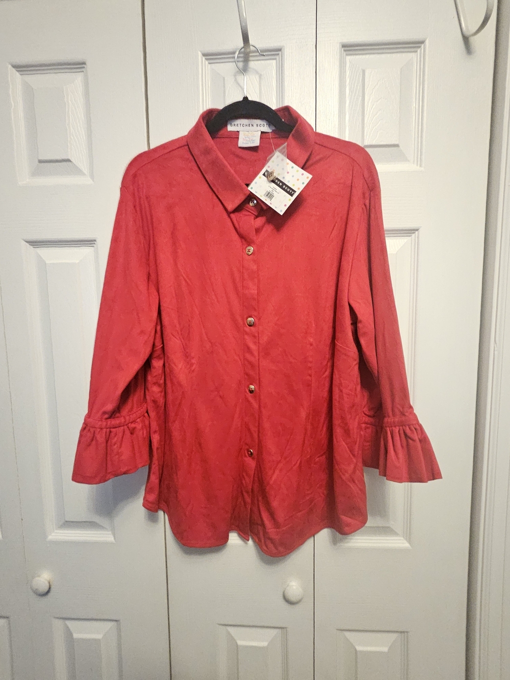 Gretchen Scott Red Faux Suede Button-Down Ruffle Cuff Blouse